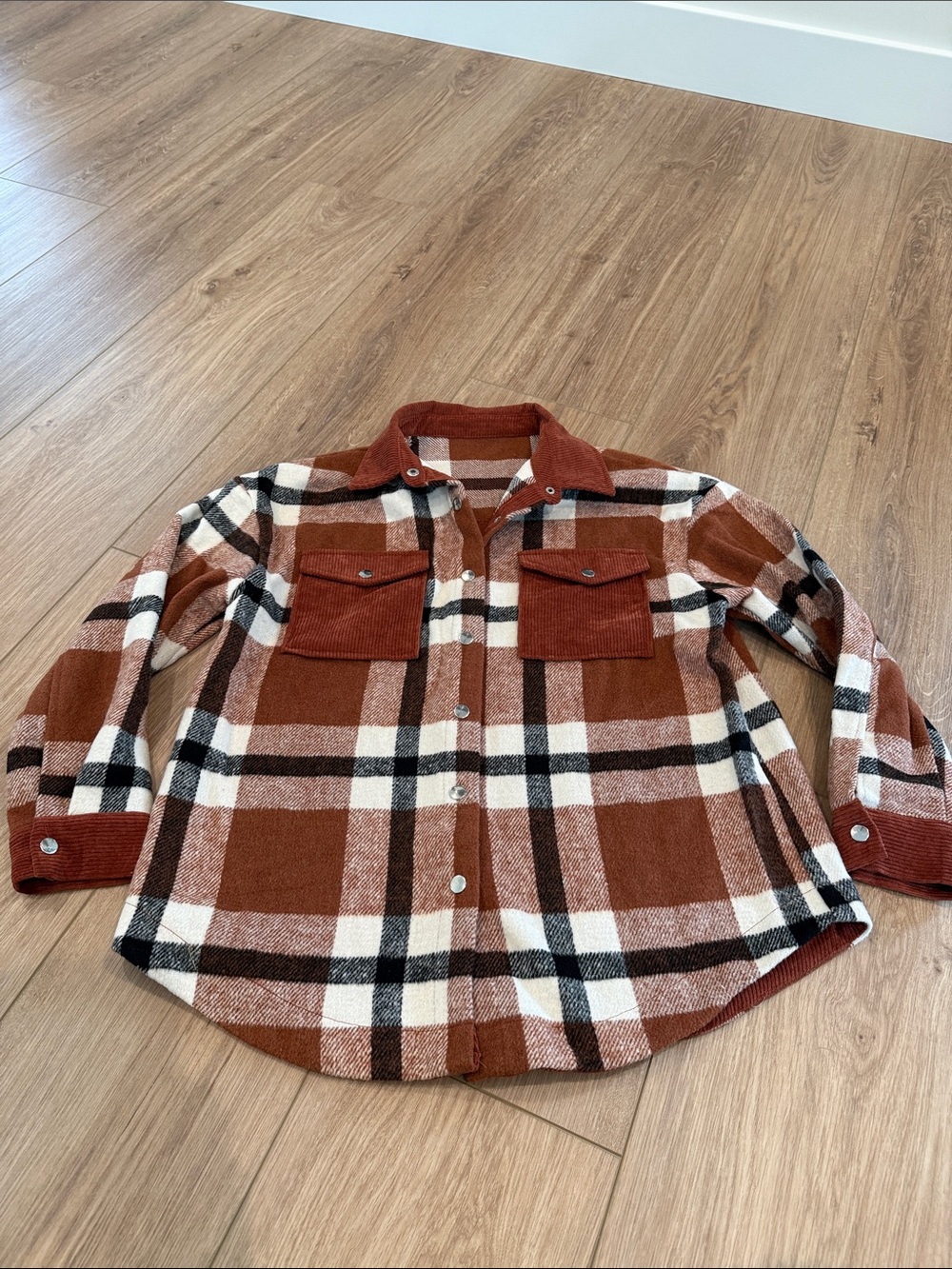Rust Plaid Button-Down Shacket with Chest Pockets